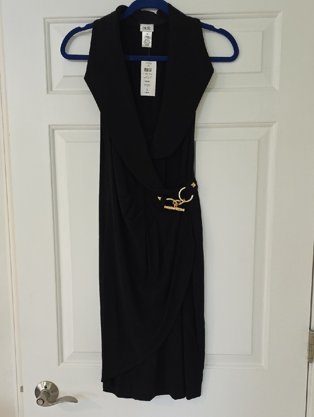 Cache Black Sleeveless Draped Midi Dress with Gold Accent
